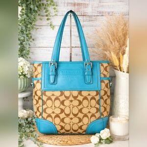 Coach Y2K Signature Hand Bag Teal Blue Tan Brown‎ Tote Leather FallPurse Laptop